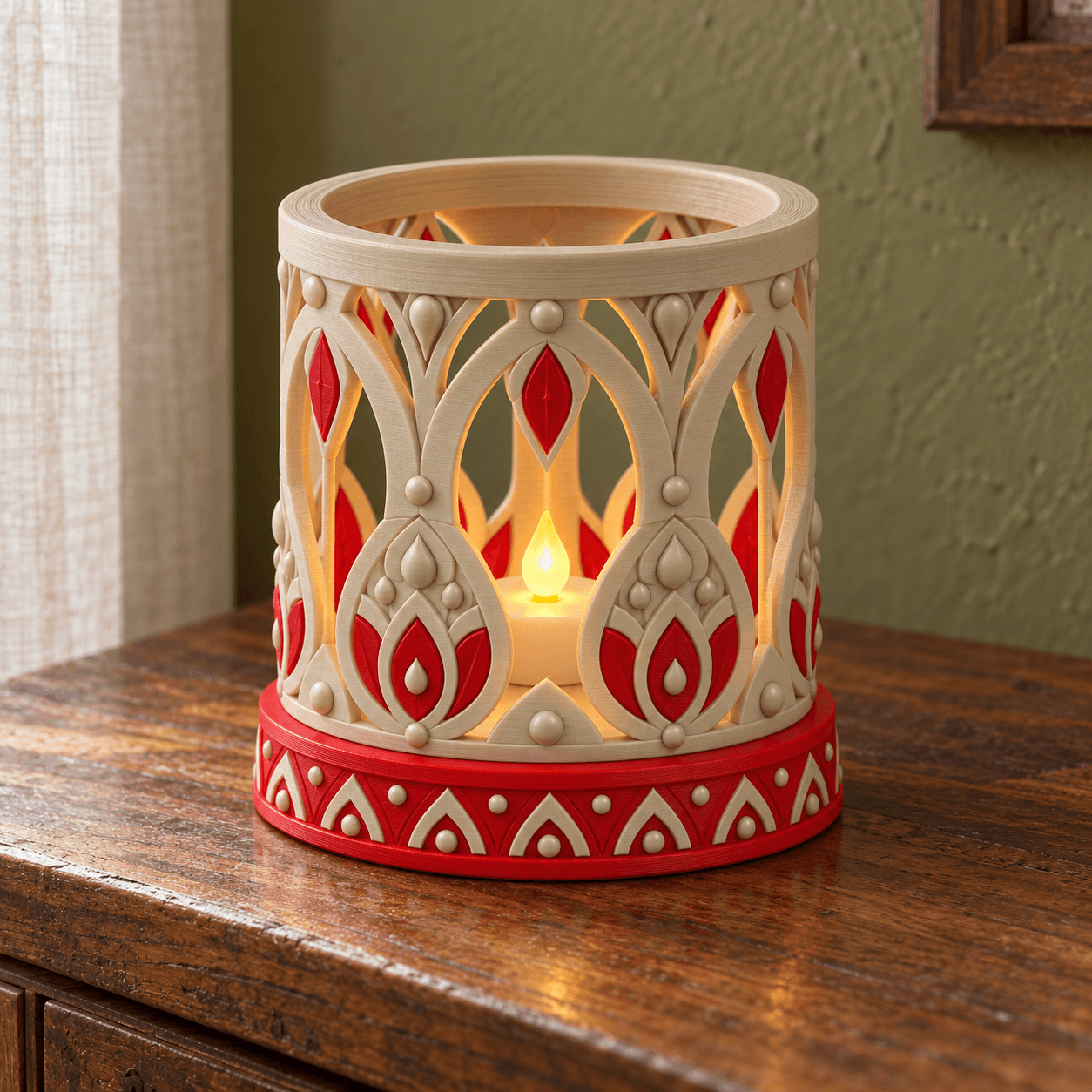 AI design preview: one Ash Bone and Candy Red Alpana lantern with one battery LED tea light in a home setting. Styling props excluded.