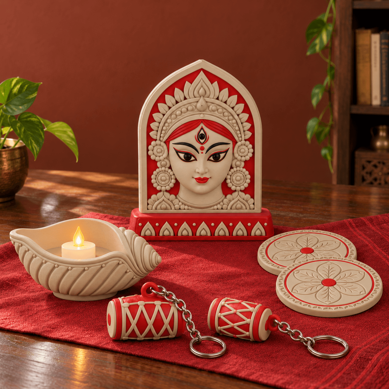 Illustration of the Puja Gifting Collection: Agomoni plaque, Shankha with LED, two dhaak keychains with round metal rings and chains, and two coasters. Props excluded.