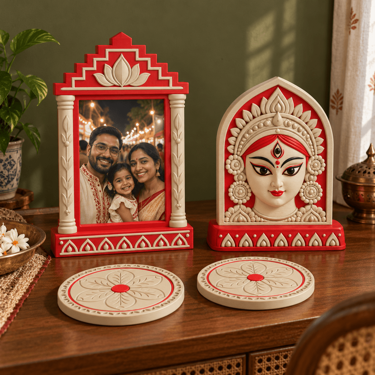 Illustration of the Puja Memory Collection: Pandal frame with a fictional sample family photo, Agomoni plaque and two Shiuli coasters. Props excluded.