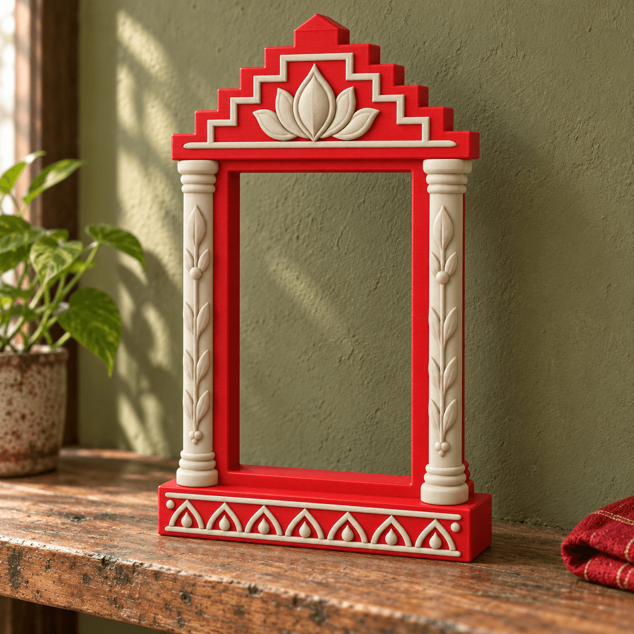 AI design preview: empty Ash Bone and red Pandal frame on a wooden console. Frame-only ₹2,999 option; styling props excluded.