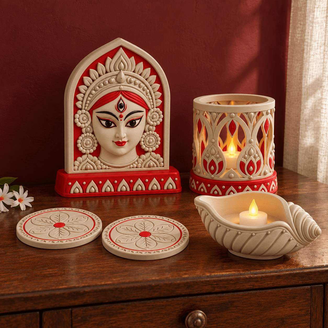 Illustration of the Puja Home Collection: engraved Agomoni plaque, Alpana lantern and Shankha with LEDs, and two Shiuli coasters. Styling props excluded.